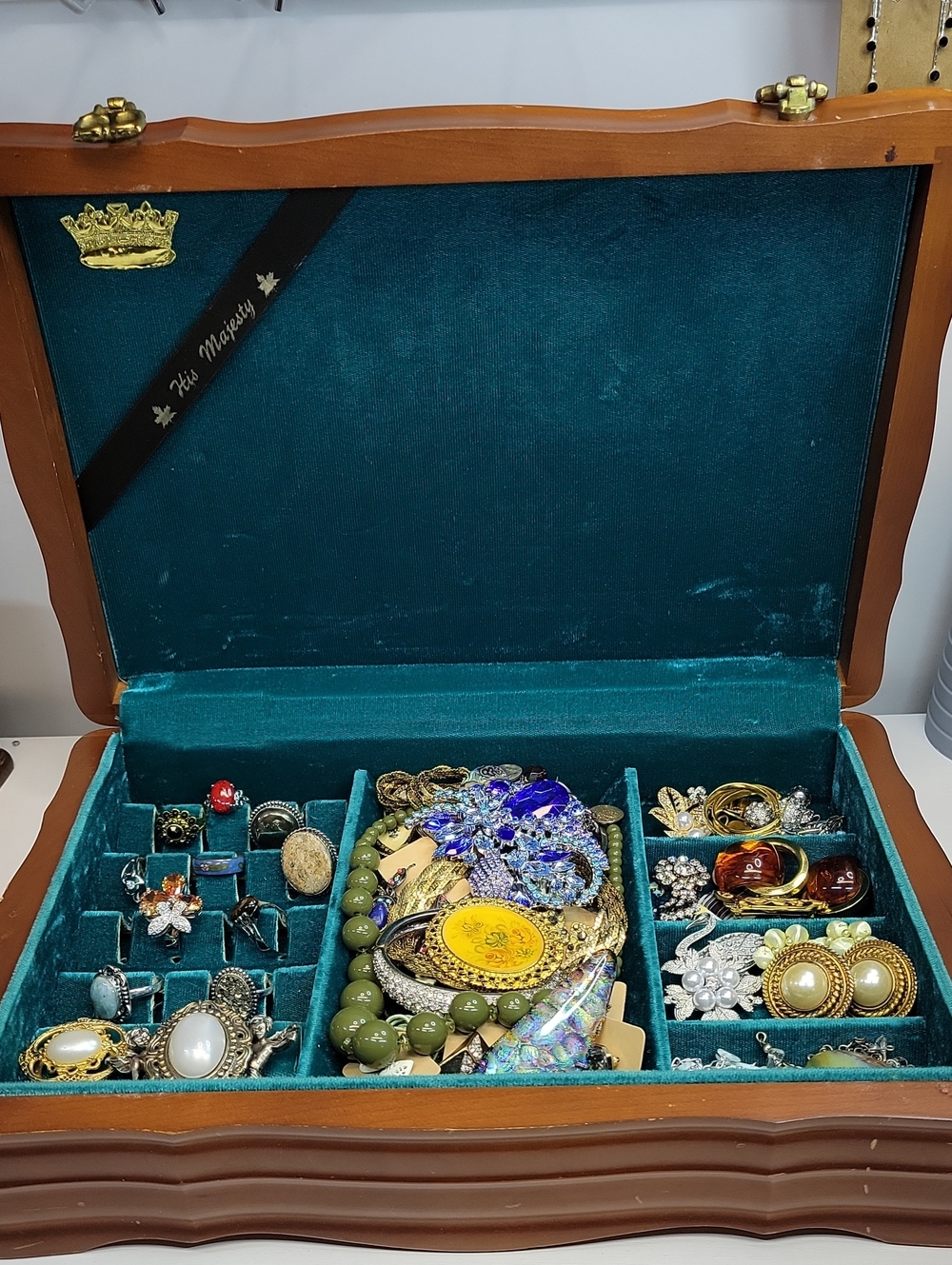 Vintage Wooden Jewelry Box Filled With Jewelry